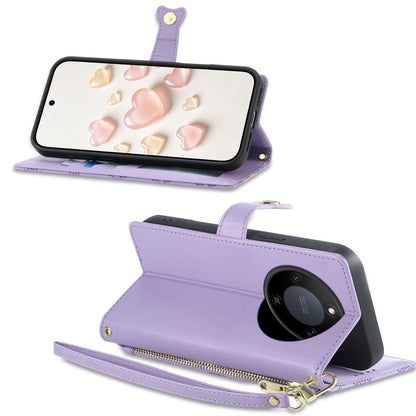 For Honor X9d 5G Zipper Wallet Heart Buckle Vegan Leather Phone Case with Wrist Strap(Purple)