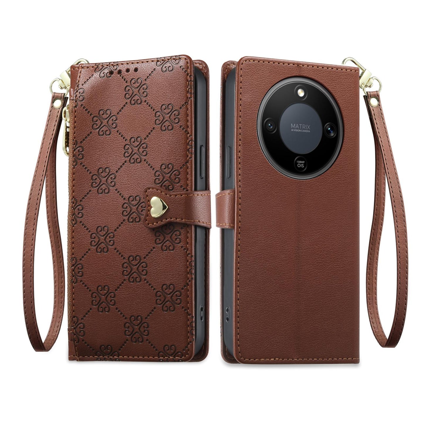 For Honor X9d 5G Zipper Wallet Heart Buckle Vegan Leather Phone Case with Wrist Strap(Brown)