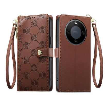 For Honor X9d 5G Zipper Wallet Heart Buckle Vegan Leather Phone Case with Wrist Strap(Brown)