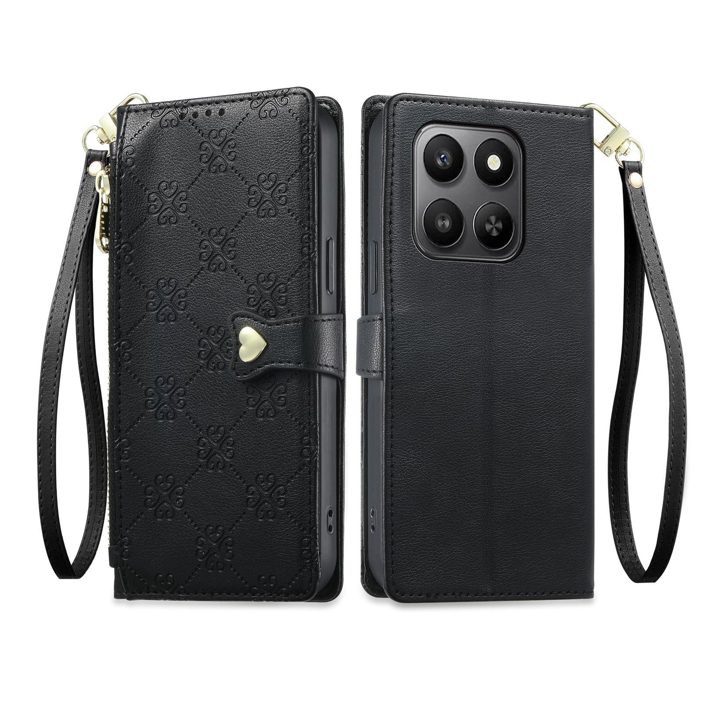 For Honor 400 Smart 4G / 5G / X7d 5G Zipper Wallet Heart Buckle Vegan Leather Phone Case with Wrist Strap(Black)