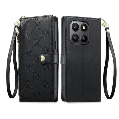 For Honor 400 Smart 4G / 5G / X7d 5G Zipper Wallet Heart Buckle Vegan Leather Phone Case with Wrist Strap(Black)