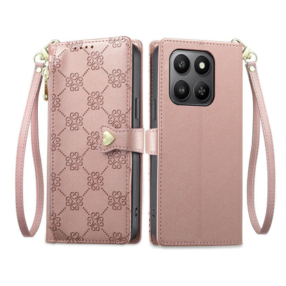 For Honor 400 Smart 4G / 5G / X7d 5G Zipper Wallet Heart Buckle Vegan Leather Phone Case with Wrist Strap(Pink)