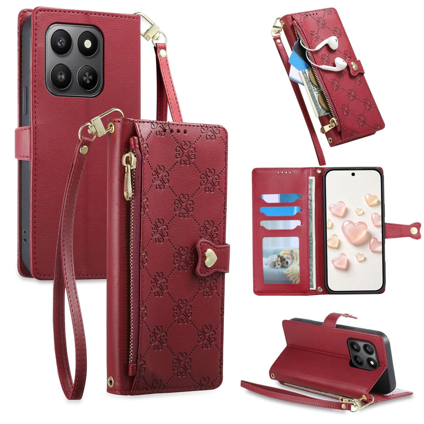 For Honor 400 Smart 4G / 5G / X7d 5G Zipper Wallet Heart Buckle Vegan Leather Phone Case with Wrist Strap(Red)