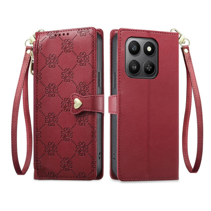 For Honor 400 Smart 4G / 5G / X7d 5G Zipper Wallet Heart Buckle Vegan Leather Phone Case with Wrist Strap(Red)
