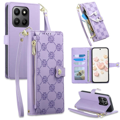 For Honor 400 Smart 4G / 5G / X7d 5G Zipper Wallet Heart Buckle Vegan Leather Phone Case with Wrist Strap(Purple)