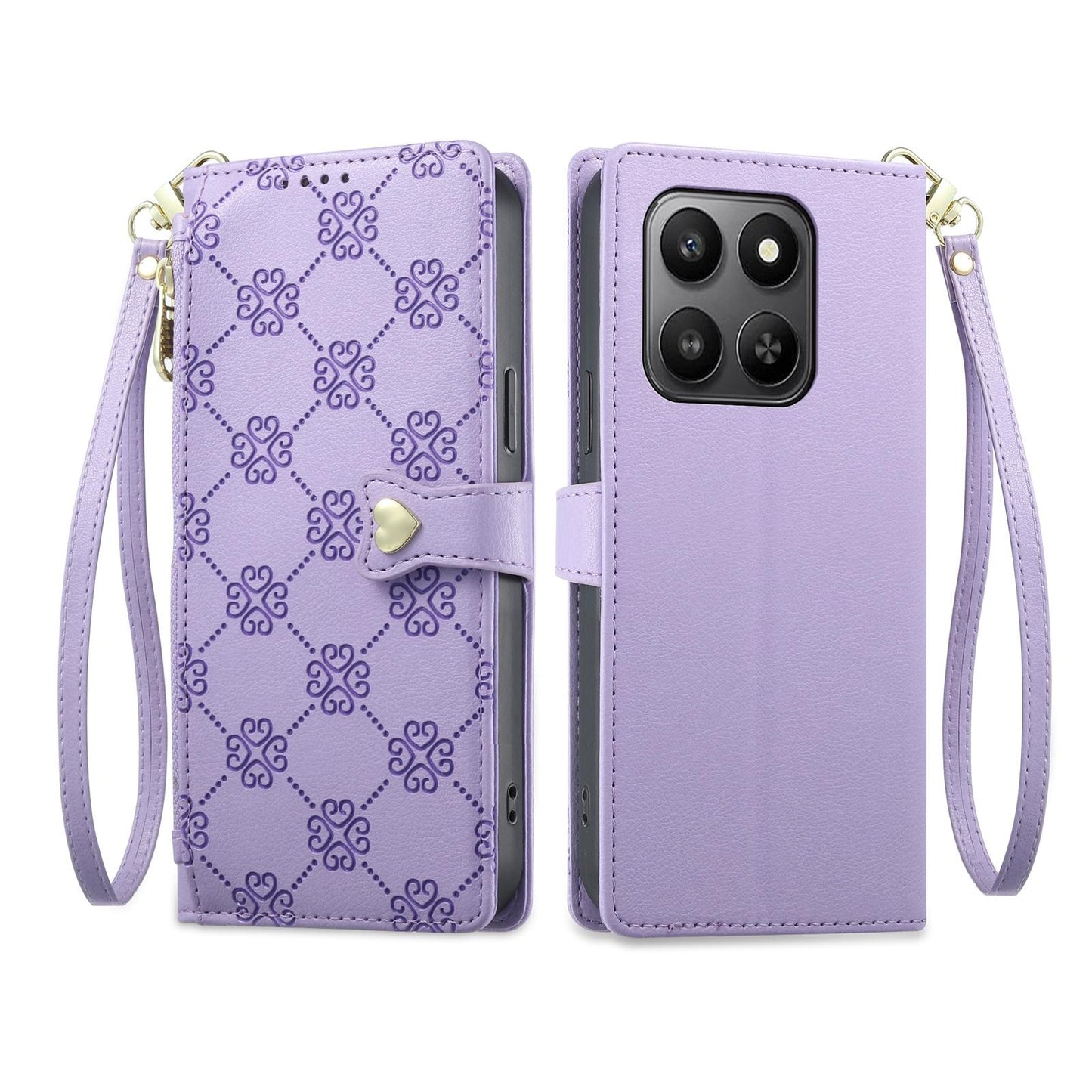 For Honor 400 Smart 4G / 5G / X7d 5G Zipper Wallet Heart Buckle Vegan Leather Phone Case with Wrist Strap(Purple)