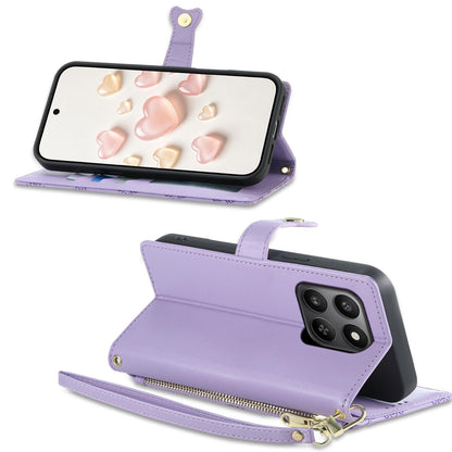 For Honor 400 Smart 4G / 5G / X7d 5G Zipper Wallet Heart Buckle Vegan Leather Phone Case with Wrist Strap(Purple)