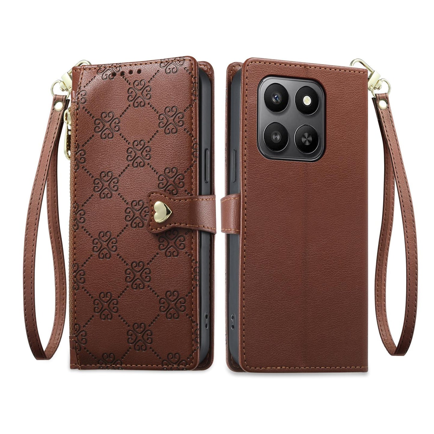 For Honor 400 Smart 4G / 5G / X7d 5G Zipper Wallet Heart Buckle Vegan Leather Phone Case with Wrist Strap(Brown)