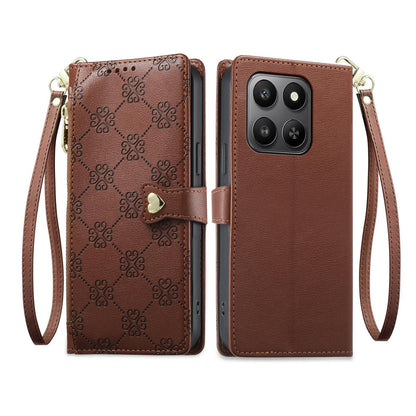 For Honor 400 Smart 4G / 5G / X7d 5G Zipper Wallet Heart Buckle Vegan Leather Phone Case with Wrist Strap(Brown)