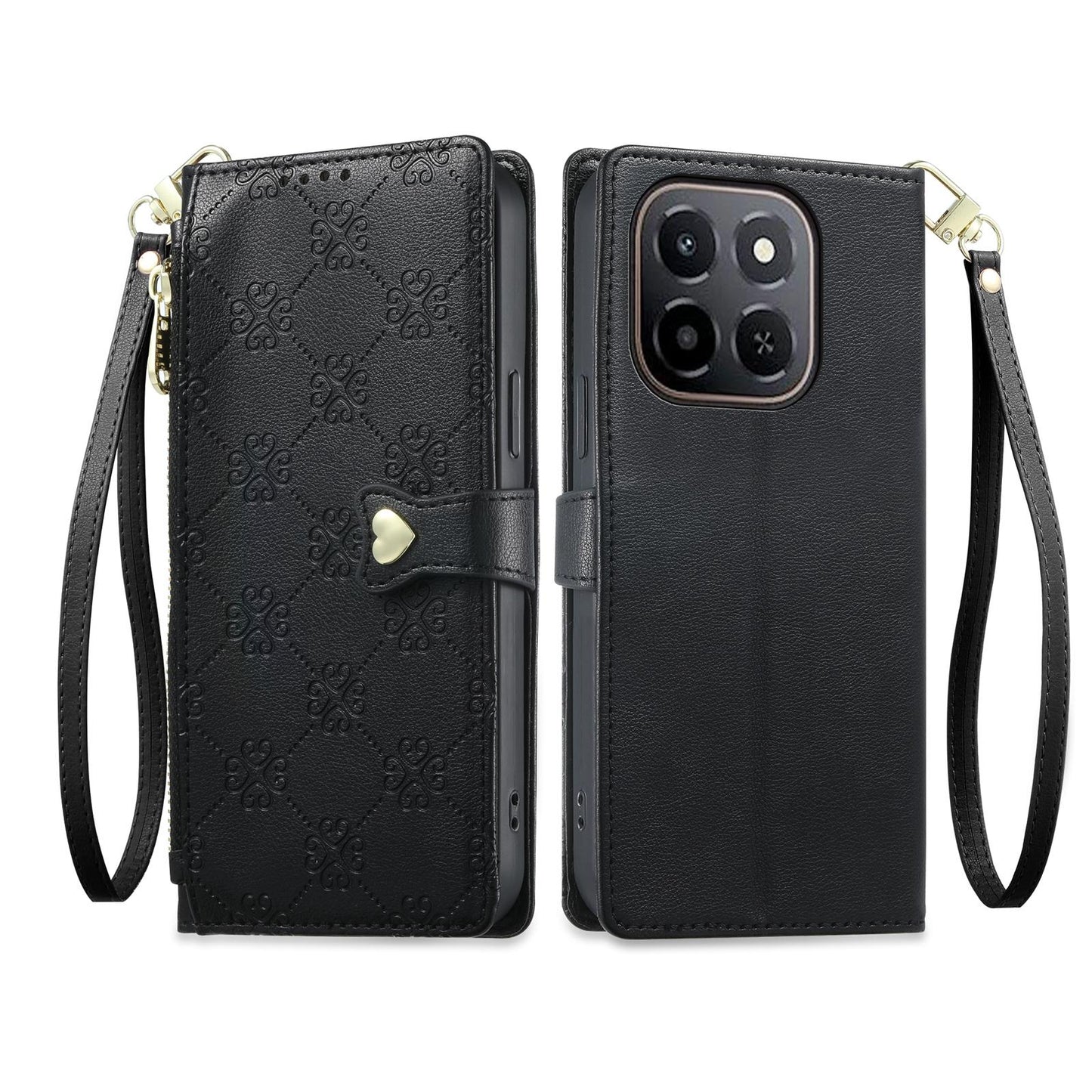 For Honor X6c / X5b / X5b Plus Zipper Wallet Heart Buckle Vegan Leather Phone Case with Wrist Strap(Black)