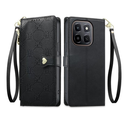 For Honor X6c / X5b / X5b Plus Zipper Wallet Heart Buckle Vegan Leather Phone Case with Wrist Strap(Black)