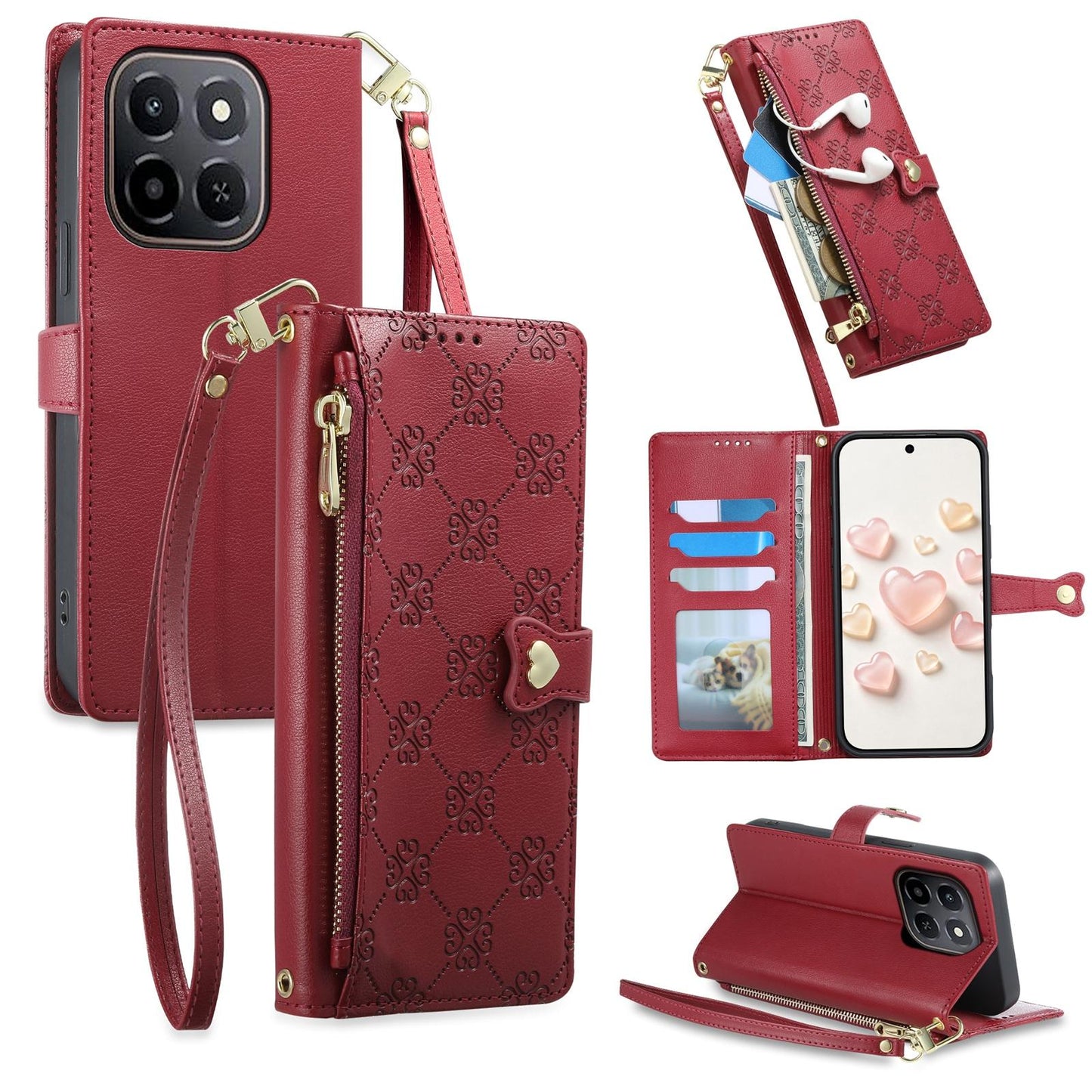 For Honor X6c / X5b / X5b Plus Zipper Wallet Heart Buckle Vegan Leather Phone Case with Wrist Strap(Red)
