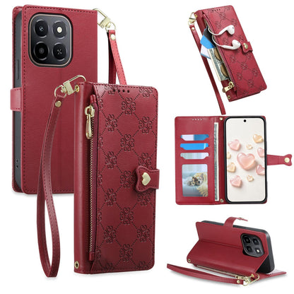 For Honor X6c / X5b / X5b Plus Zipper Wallet Heart Buckle Vegan Leather Phone Case with Wrist Strap(Red)