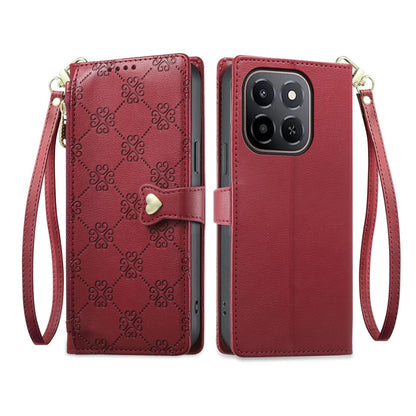 For Honor X6c / X5b / X5b Plus Zipper Wallet Heart Buckle Vegan Leather Phone Case with Wrist Strap(Red)