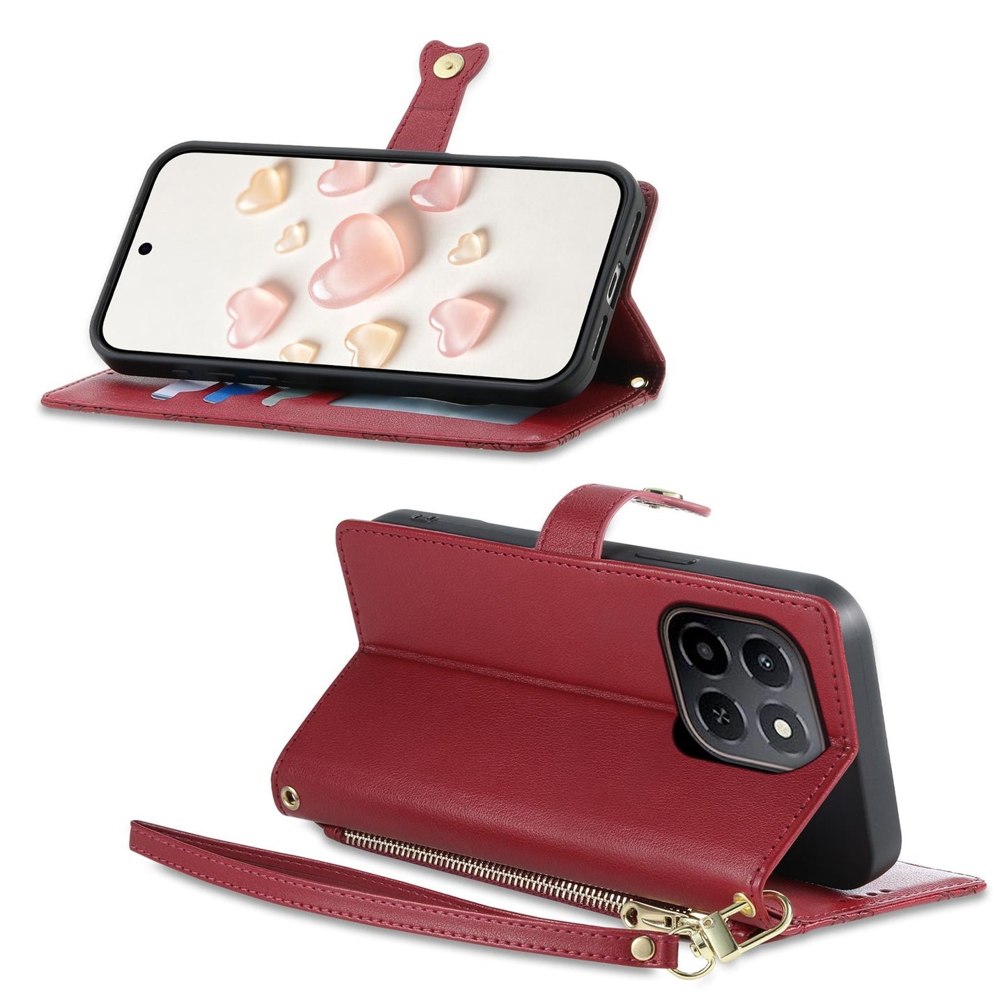 For Honor X6c / X5b / X5b Plus Zipper Wallet Heart Buckle Vegan Leather Phone Case with Wrist Strap(Red)