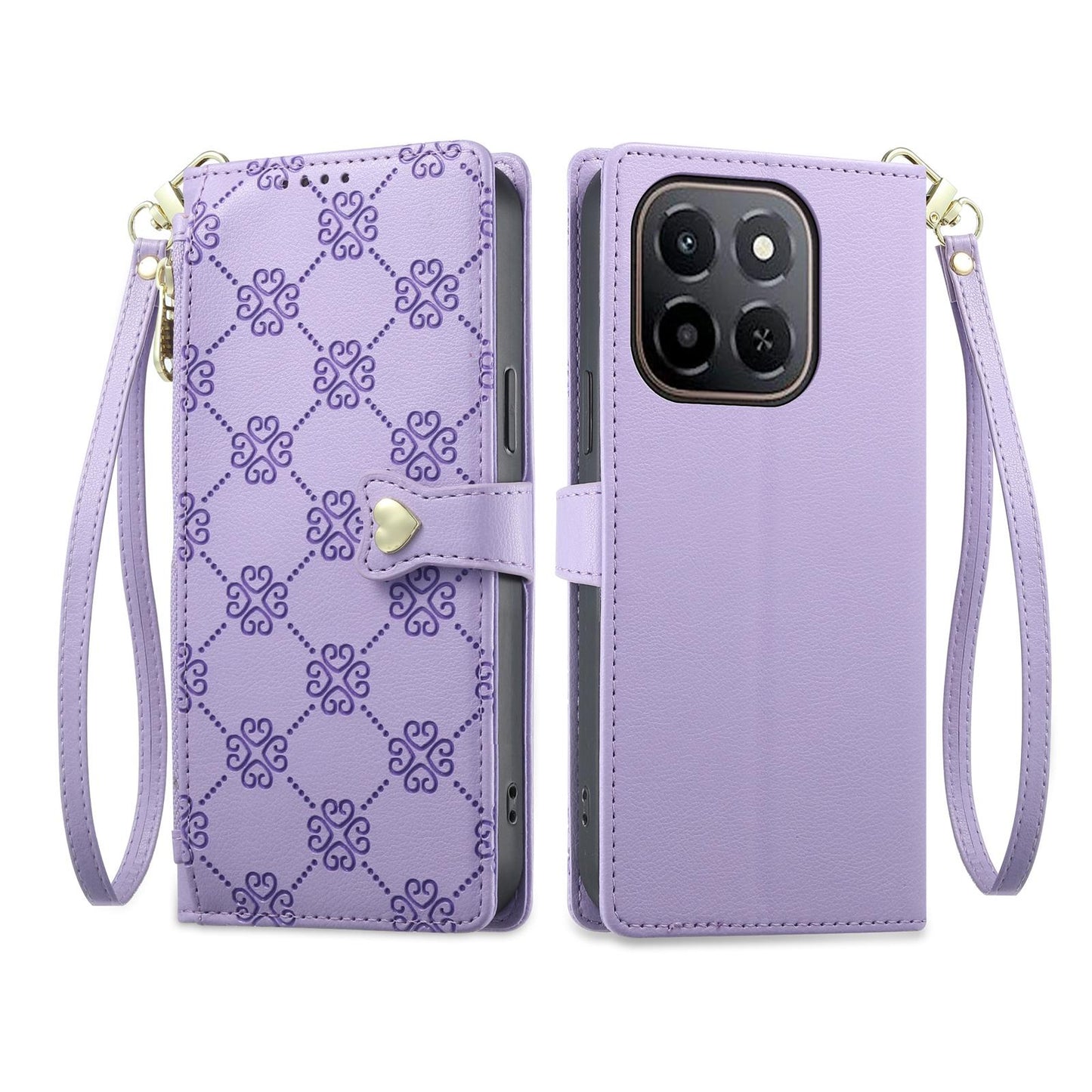 For Honor X6c / X5b / X5b Plus Zipper Wallet Heart Buckle Vegan Leather Phone Case with Wrist Strap(Purple)