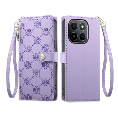 For Honor X6c / X5b / X5b Plus Zipper Wallet Heart Buckle Vegan Leather Phone Case with Wrist Strap(Purple)