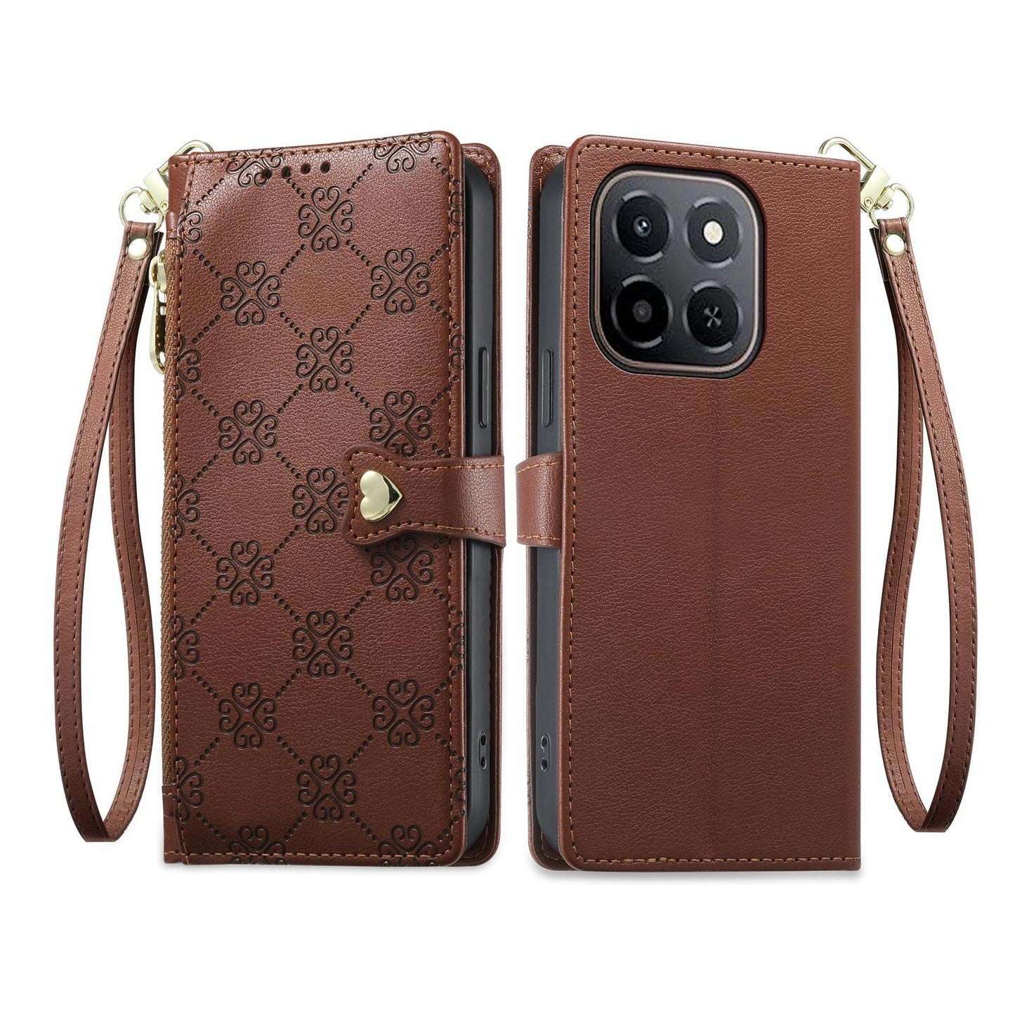 For Honor X6c / X5b / X5b Plus Zipper Wallet Heart Buckle Vegan Leather Phone Case with Wrist Strap(Brown)