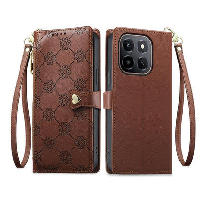 For Honor X6c / X5b / X5b Plus Zipper Wallet Heart Buckle Vegan Leather Phone Case with Wrist Strap(Brown)