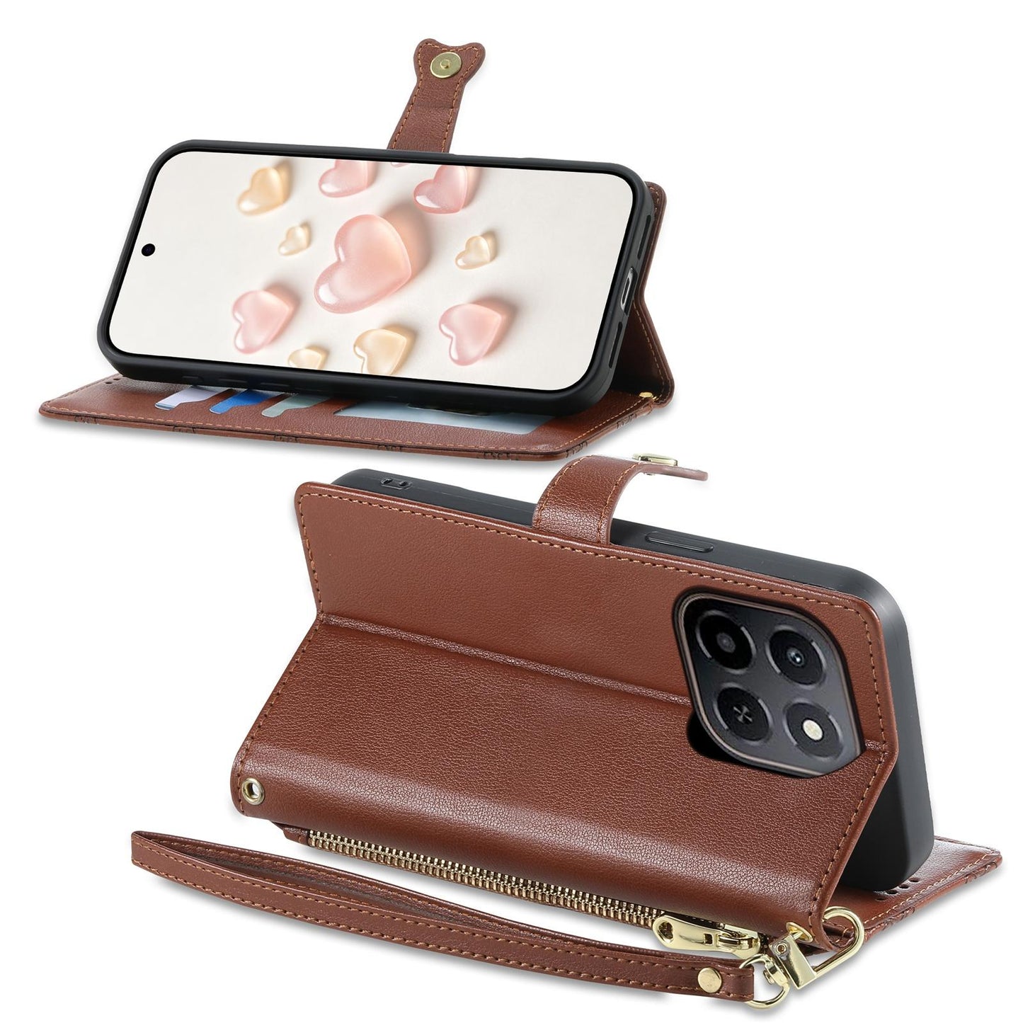 For Honor X6c / X5b / X5b Plus Zipper Wallet Heart Buckle Vegan Leather Phone Case with Wrist Strap(Brown)