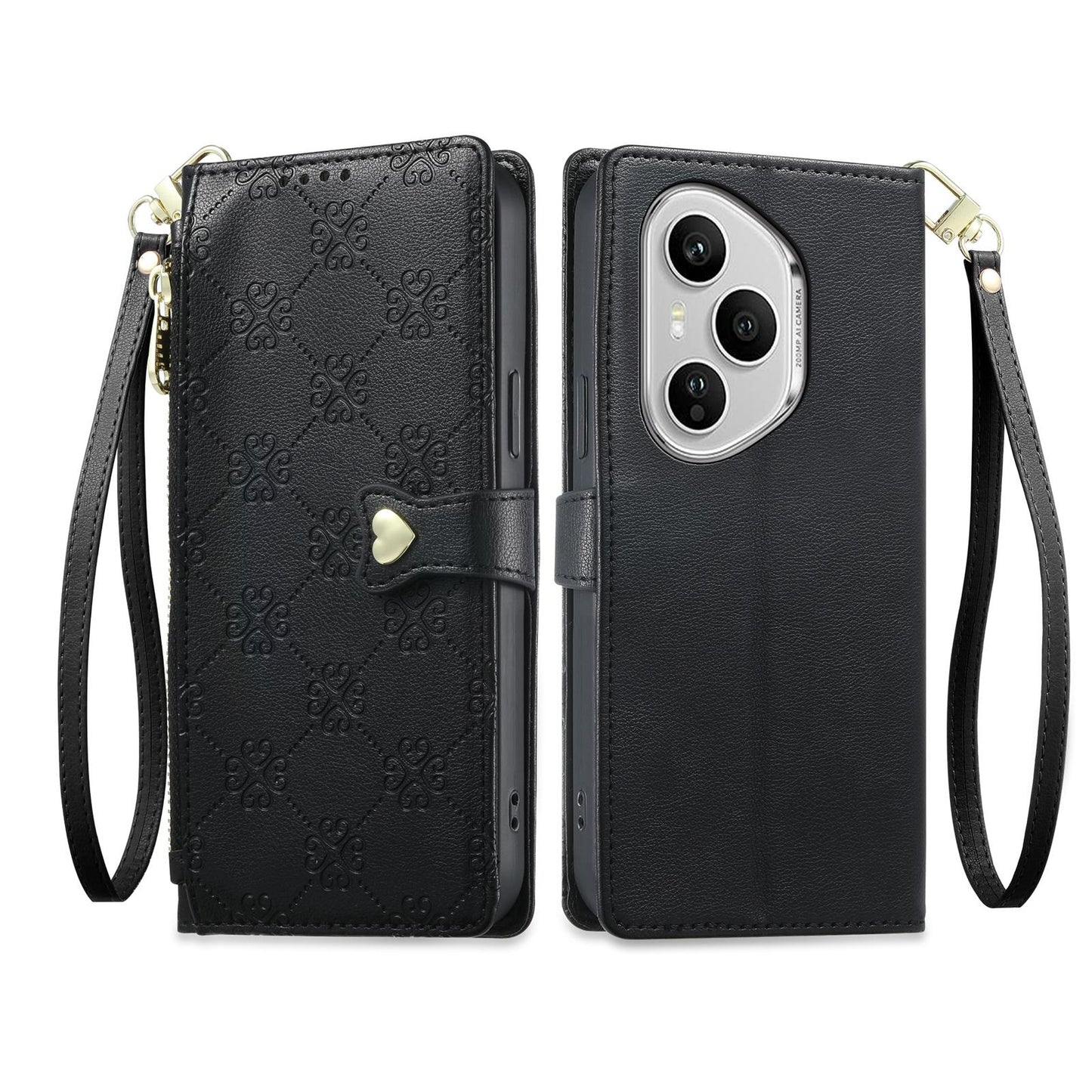 For Honor 400 Pro Global 160.8mm Zipper Wallet Heart Buckle Vegan Leather Phone Case with Wrist Strap(Black)