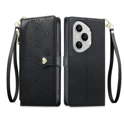 For Honor 400 Pro Global 160.8mm Zipper Wallet Heart Buckle Vegan Leather Phone Case with Wrist Strap(Black)