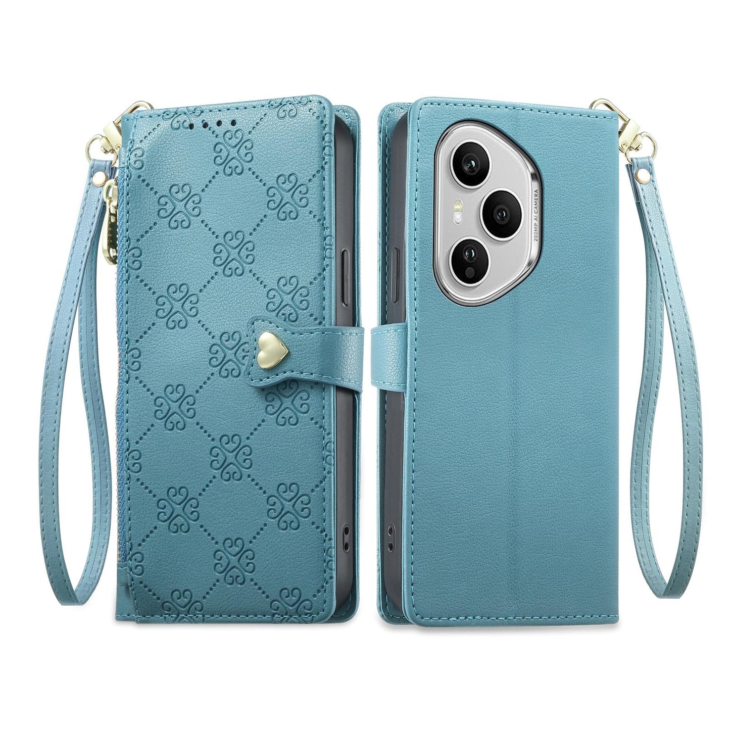 For Honor 400 Pro Global 160.8mm Zipper Wallet Heart Buckle Vegan Leather Phone Case with Wrist Strap(Lake Blue)