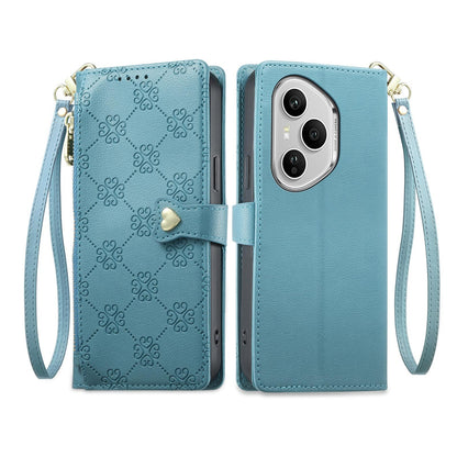 For Honor 400 Pro Global 160.8mm Zipper Wallet Heart Buckle Vegan Leather Phone Case with Wrist Strap(Lake Blue)