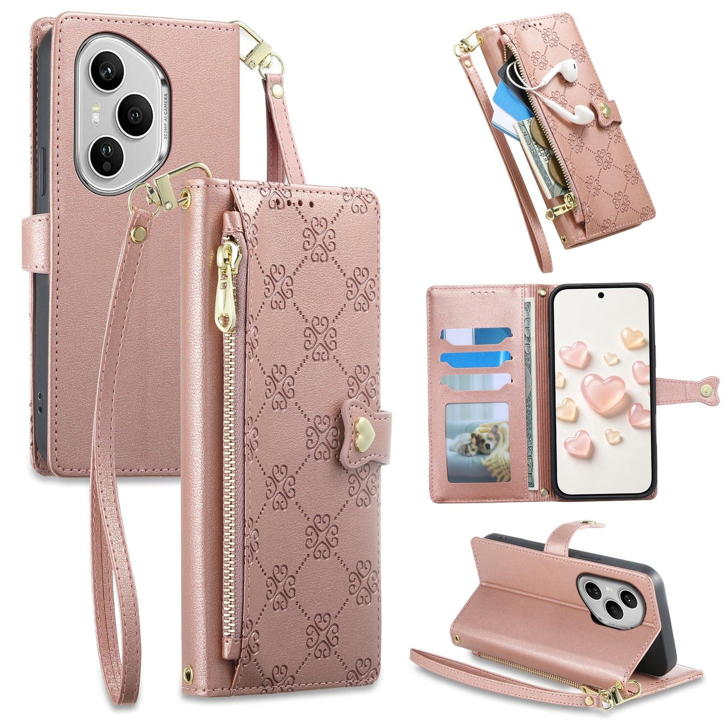 For Honor 400 Pro Global 160.8mm Zipper Wallet Heart Buckle Vegan Leather Phone Case with Wrist Strap(Pink)