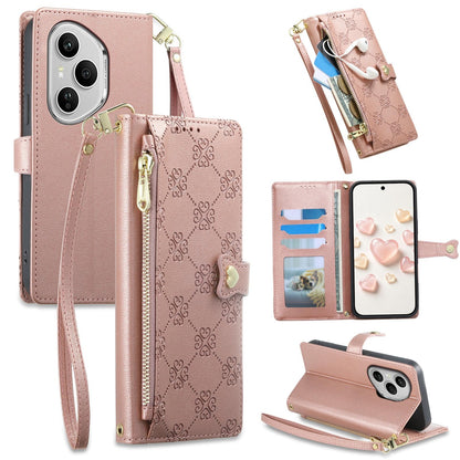 For Honor 400 Pro Global 160.8mm Zipper Wallet Heart Buckle Vegan Leather Phone Case with Wrist Strap(Pink)