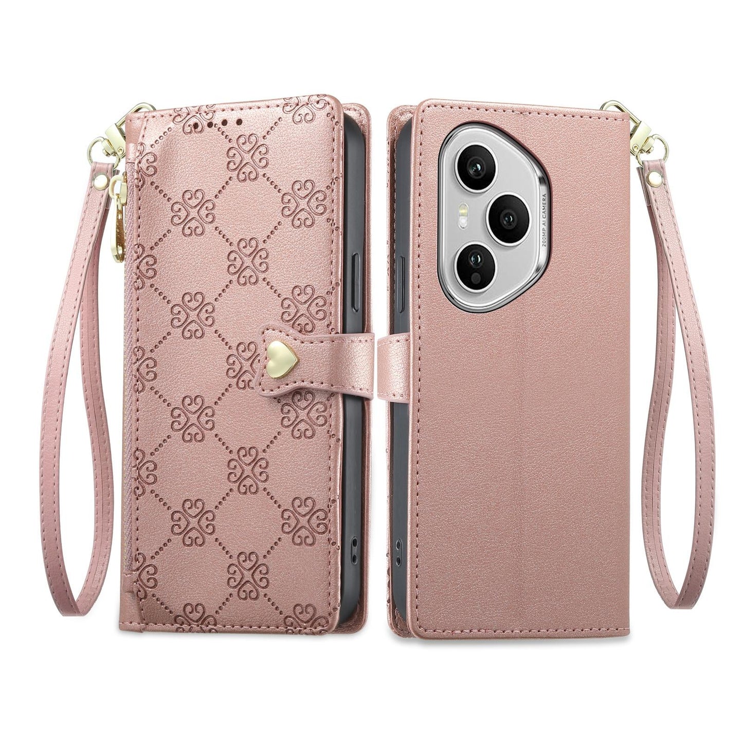For Honor 400 Pro Global 160.8mm Zipper Wallet Heart Buckle Vegan Leather Phone Case with Wrist Strap(Pink)