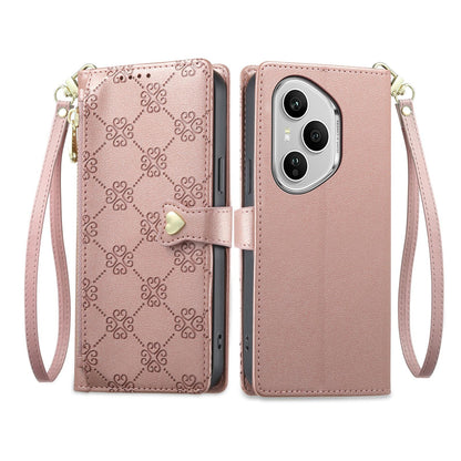 For Honor 400 Pro Global 160.8mm Zipper Wallet Heart Buckle Vegan Leather Phone Case with Wrist Strap(Pink)