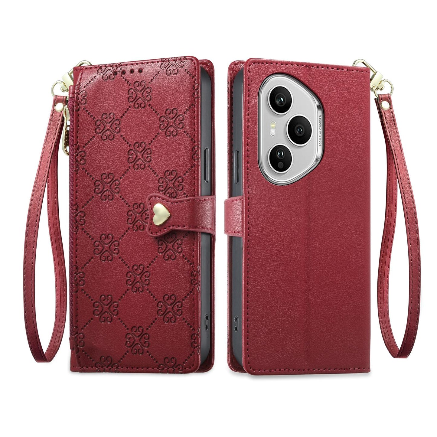 For Honor 400 Pro Global 160.8mm Zipper Wallet Heart Buckle Vegan Leather Phone Case with Wrist Strap(Red)