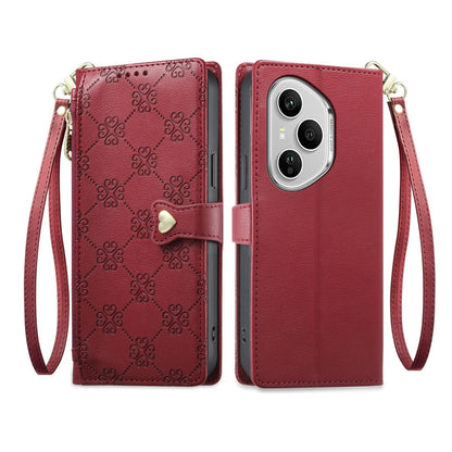 For Honor 400 Pro Global 160.8mm Zipper Wallet Heart Buckle Vegan Leather Phone Case with Wrist Strap(Red)
