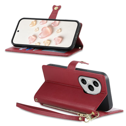 For Honor 400 Pro Global 160.8mm Zipper Wallet Heart Buckle Vegan Leather Phone Case with Wrist Strap(Red)