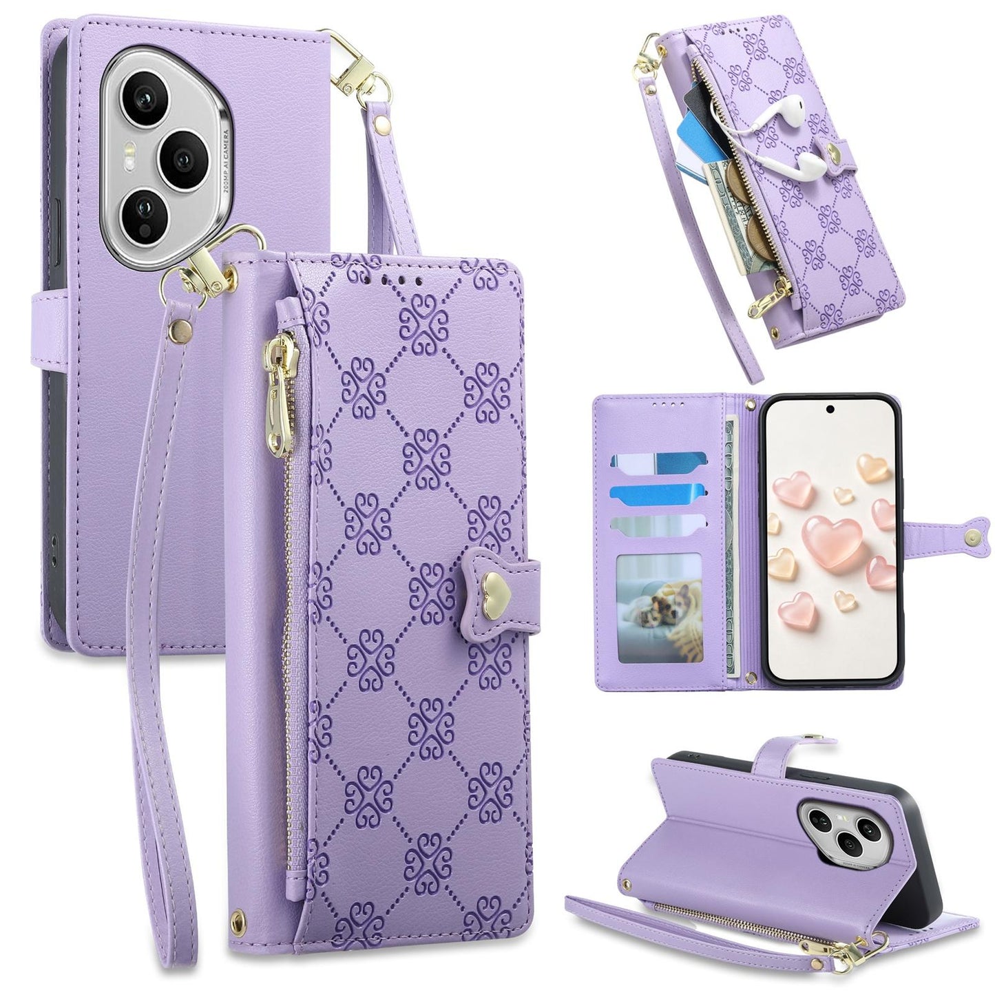 For Honor 400 Pro Global 160.8mm Zipper Wallet Heart Buckle Vegan Leather Phone Case with Wrist Strap(Purple)