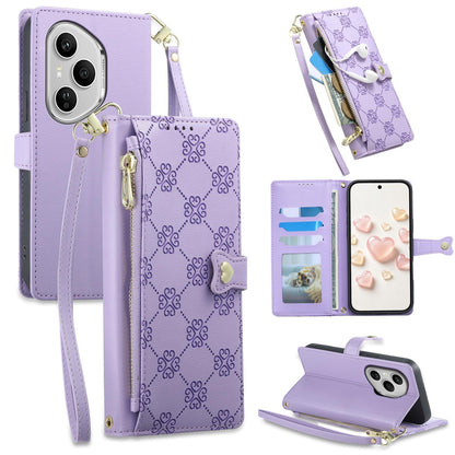 For Honor 400 Pro Global 160.8mm Zipper Wallet Heart Buckle Vegan Leather Phone Case with Wrist Strap(Purple)