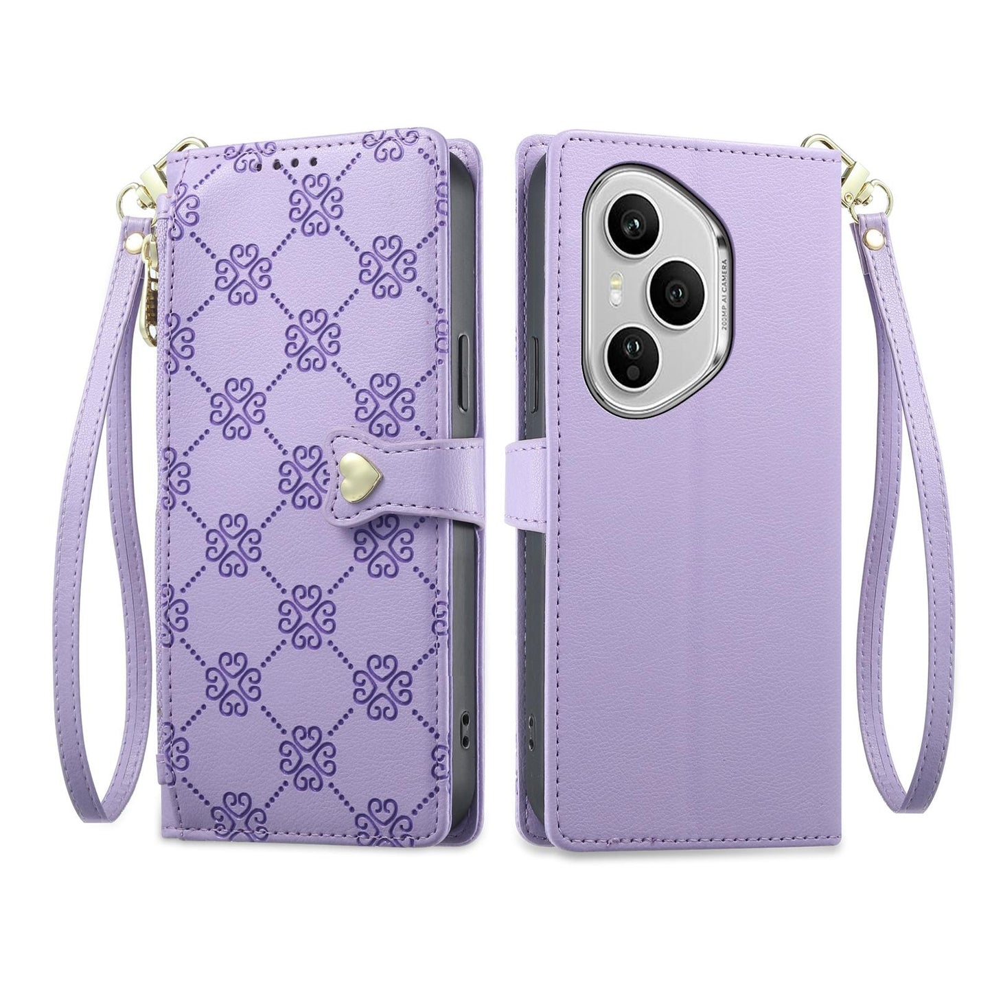For Honor 400 Pro Global 160.8mm Zipper Wallet Heart Buckle Vegan Leather Phone Case with Wrist Strap(Purple)