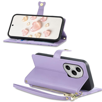 For Honor 400 Pro Global 160.8mm Zipper Wallet Heart Buckle Vegan Leather Phone Case with Wrist Strap(Purple)