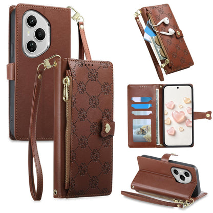 For Honor 400 Pro Global 160.8mm Zipper Wallet Heart Buckle Vegan Leather Phone Case with Wrist Strap(Brown)