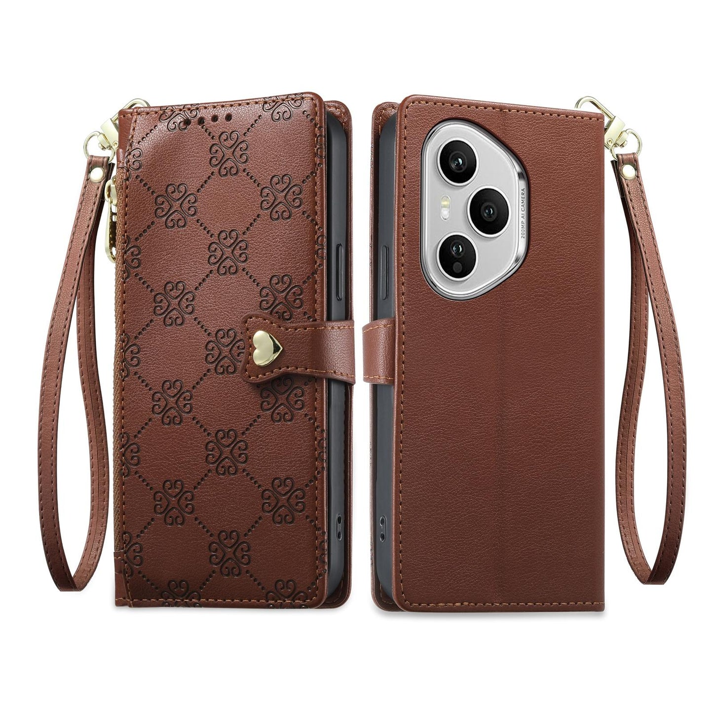 For Honor 400 Pro Global 160.8mm Zipper Wallet Heart Buckle Vegan Leather Phone Case with Wrist Strap(Brown)