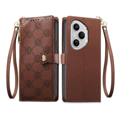For Honor 400 Pro Global 160.8mm Zipper Wallet Heart Buckle Vegan Leather Phone Case with Wrist Strap(Brown)