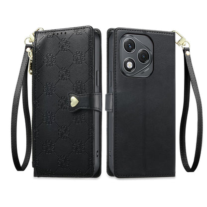 For Honor 400 Lite Global Zipper Wallet Heart Buckle Vegan Leather Phone Case with Wrist Strap(Black)