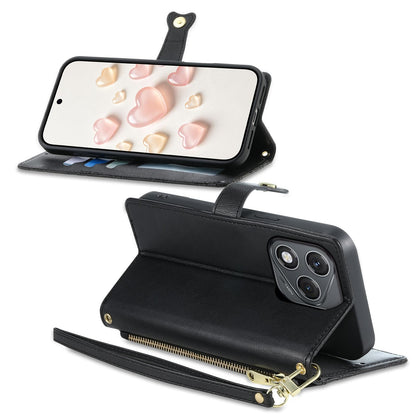 For Honor 400 Lite Global Zipper Wallet Heart Buckle Vegan Leather Phone Case with Wrist Strap(Black)