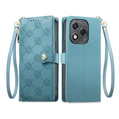 For Honor 400 Lite Global Zipper Wallet Heart Buckle Vegan Leather Phone Case with Wrist Strap(Lake Blue)