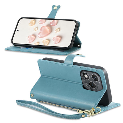 For Honor 400 Lite Global Zipper Wallet Heart Buckle Vegan Leather Phone Case with Wrist Strap(Lake Blue)
