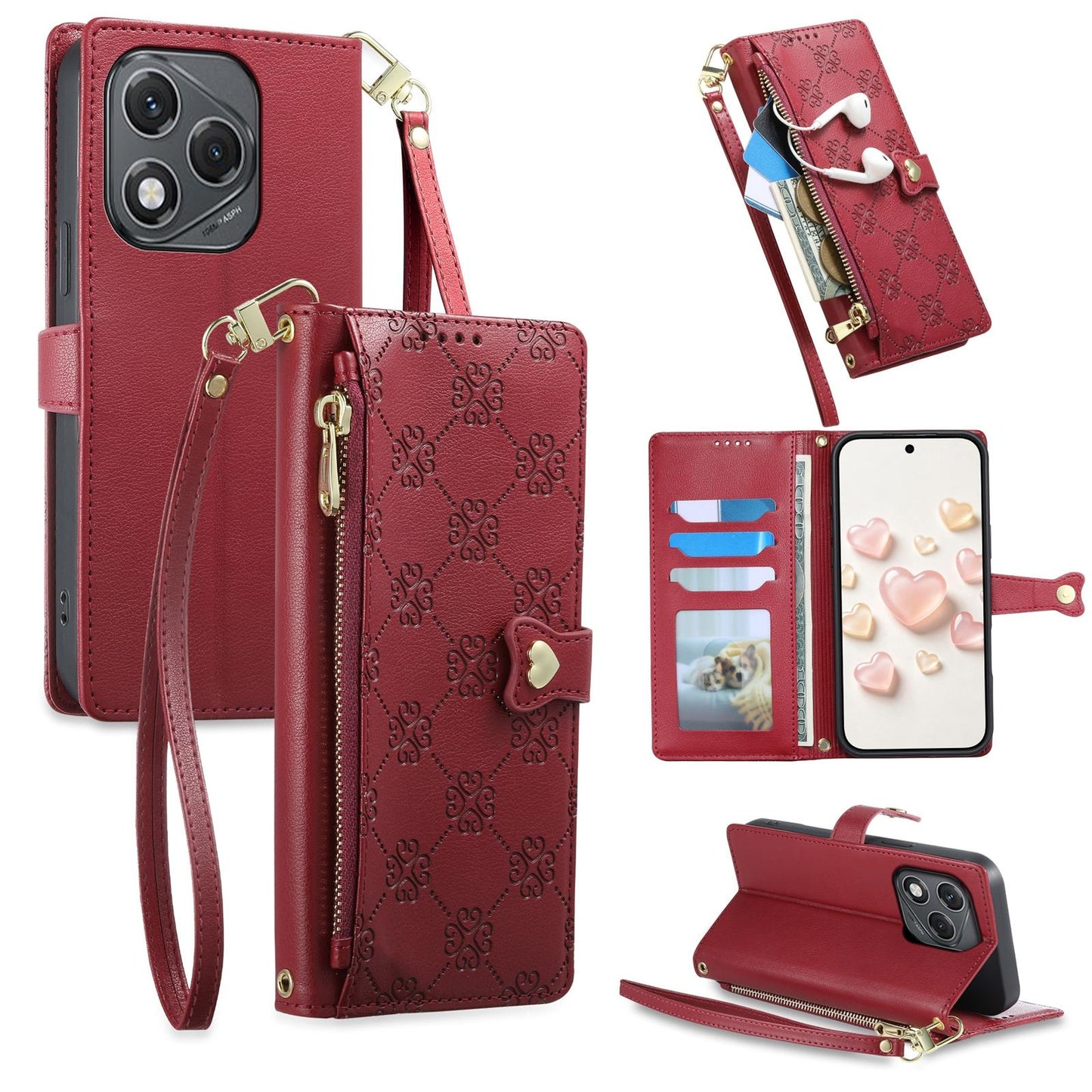 For Honor 400 Lite Global Zipper Wallet Heart Buckle Vegan Leather Phone Case with Wrist Strap(Red)
