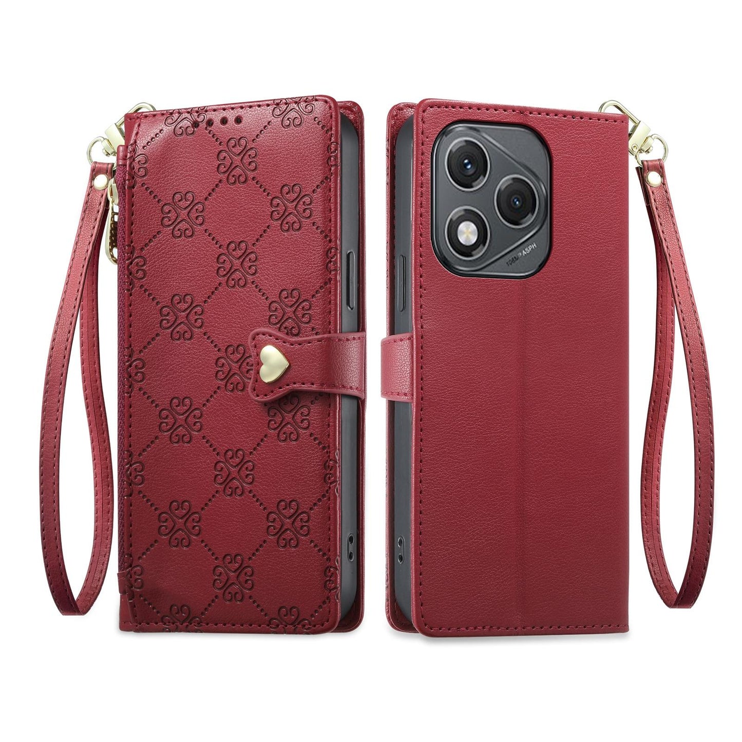 For Honor 400 Lite Global Zipper Wallet Heart Buckle Vegan Leather Phone Case with Wrist Strap(Red)