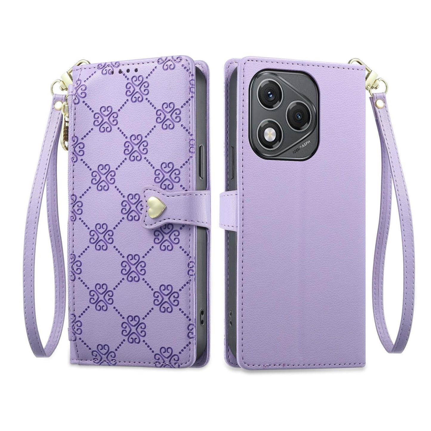 For Honor 400 Lite Global Zipper Wallet Heart Buckle Vegan Leather Phone Case with Wrist Strap(Purple)