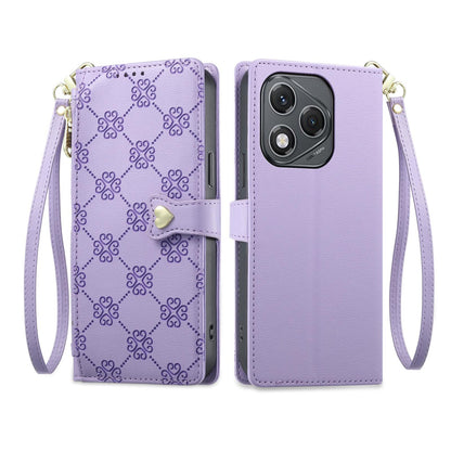 For Honor 400 Lite Global Zipper Wallet Heart Buckle Vegan Leather Phone Case with Wrist Strap(Purple)